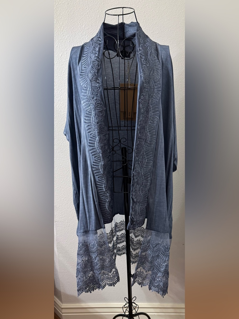 POL Slate Blue Embroidered Lace Duster Cardigan Boho Oversized XLG Kimono - Picture 3 of 7